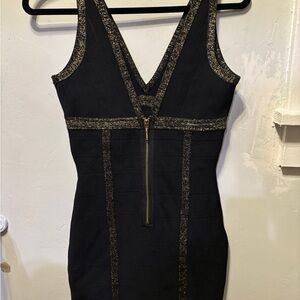 Guess bodycon Stretch Sleeveless V-neck Black Gold Zipper mini dress